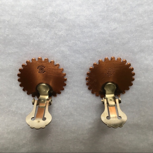 Vintage Solid Copper Earrings Clip On Round Sun - Picture 4 of 9